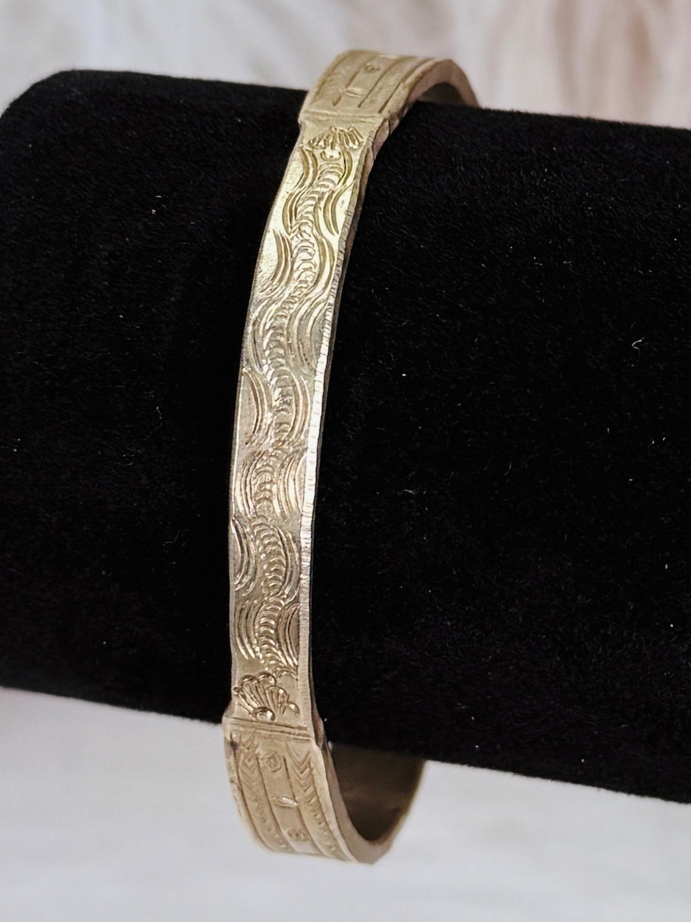 Vintage aged light, silvertone, etched, engraved design costume cuff bracelet